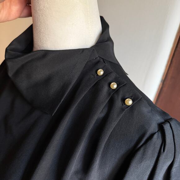 80s Vintage | LUCI PELLINI | Black Silk Split Neck Blouson Sleeve Midi Dress 5/6 - Picture 2 of 10